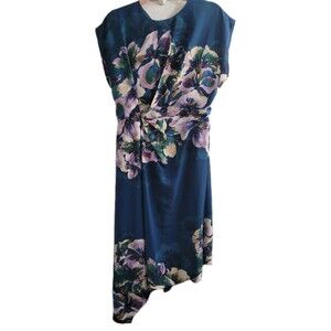 Maggy London Georgette Floral Print Asymmetrical Hem Midi Dress Blue Purple Sz 8